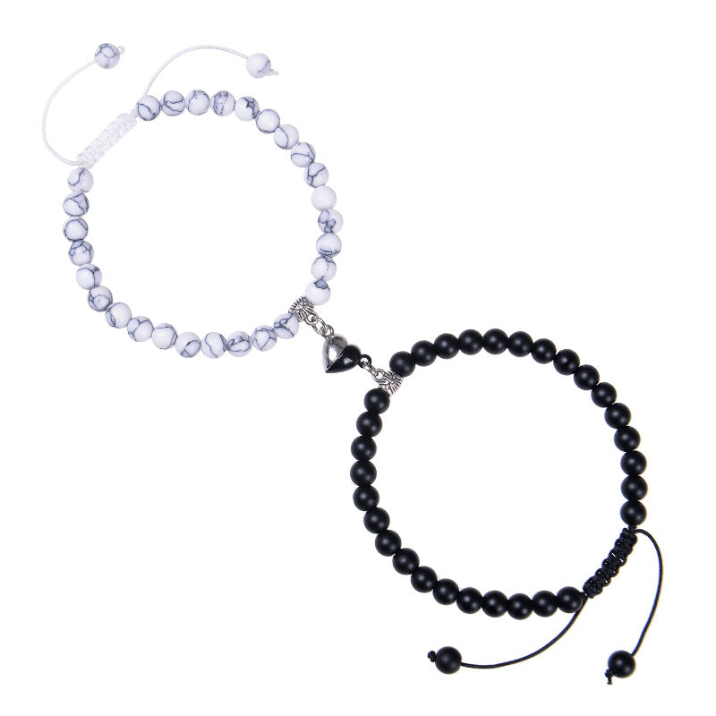 Heart-Shaped Magnet Suction Black Frosted Stone Bracelet