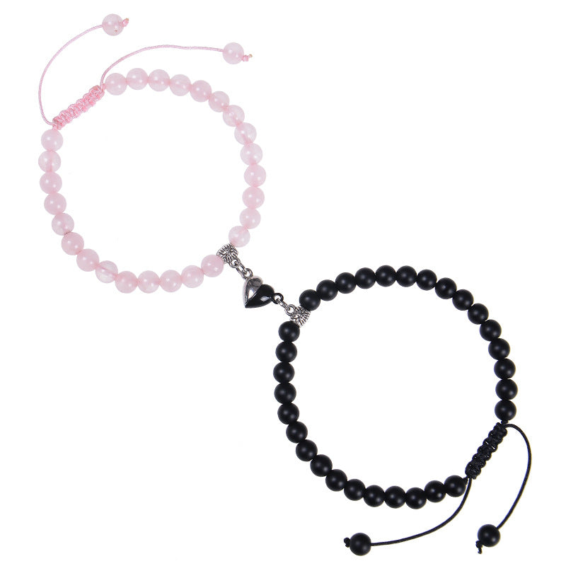 Heart-Shaped Magnet Suction Black Frosted Stone Bracelet