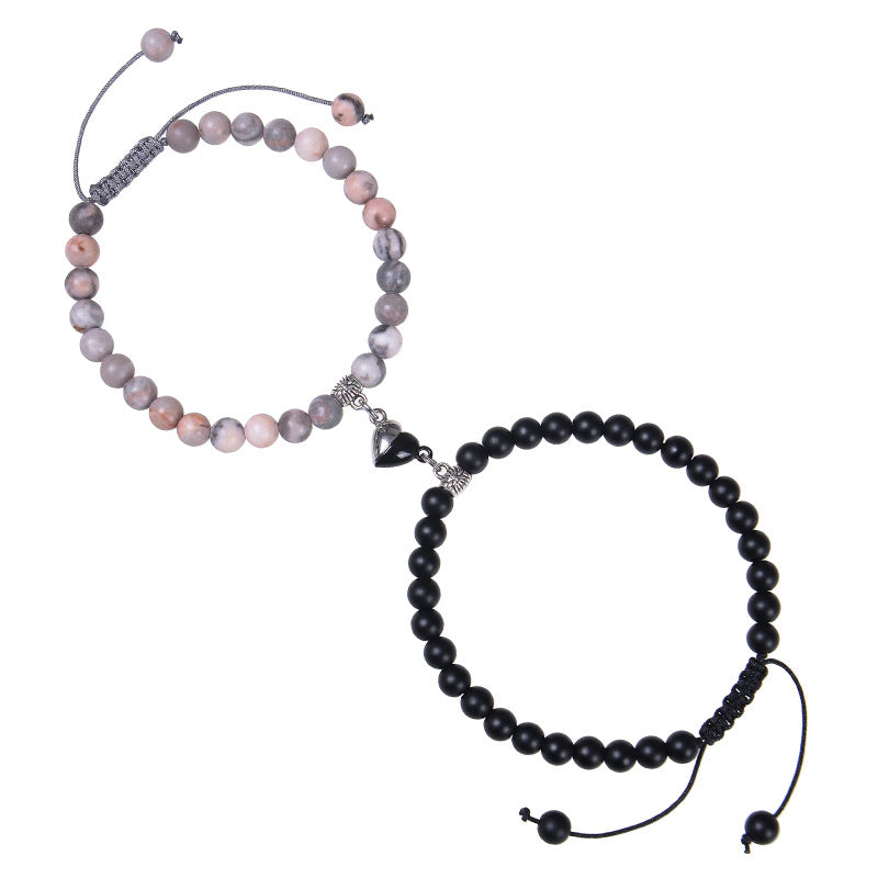 Heart-Shaped Magnet Suction Black Frosted Stone Bracelet
